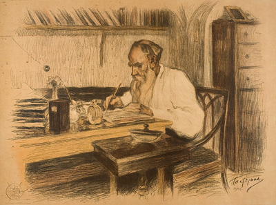 Tolstoy at his desk (autolithograph)